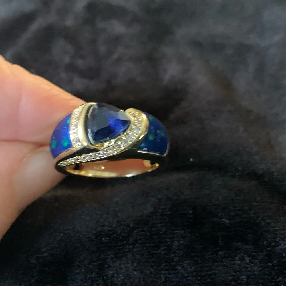 Blue Teardrop Stone Ring with Opal Inlay - Picture 1 of 7